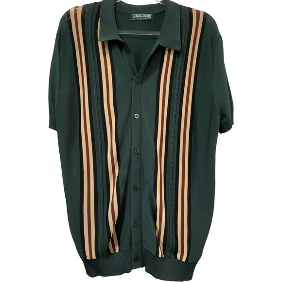 NEW PJ Paul Jones Vintage Stripe‎ Button Down Knit Polo Cardigan Shirt Green LRG - Picture 2 of 5